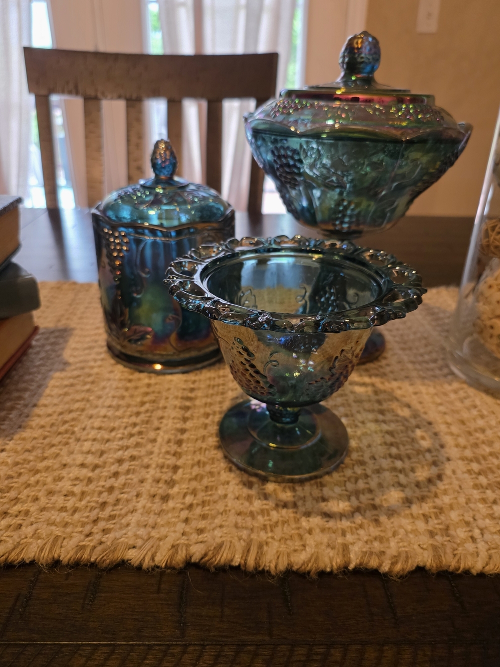 3 Peice Set Iridescent Blue Carnival Glass Compote and Lidded Bowls